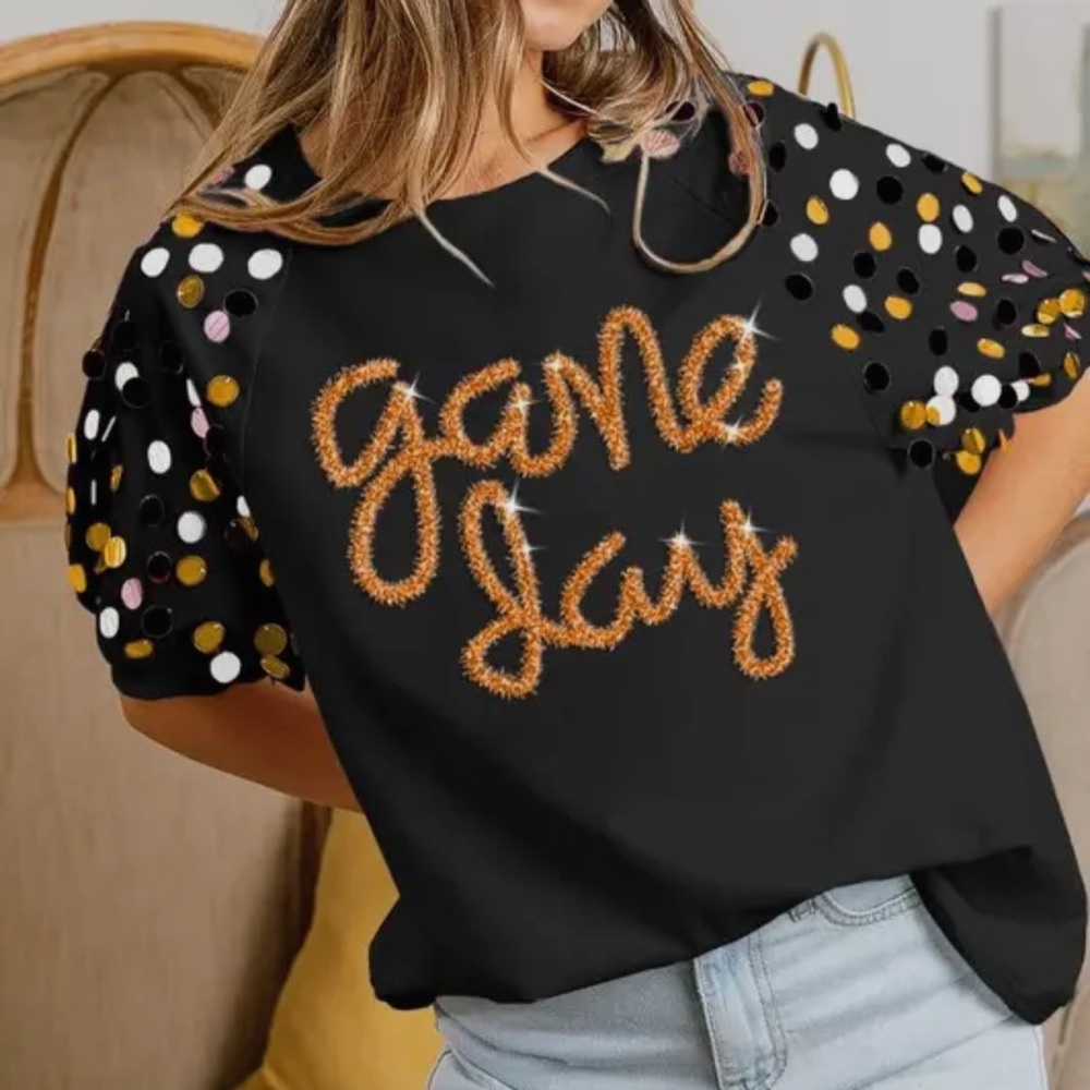Black 'Game Day' Polka Dot Sleeve Top